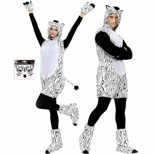 HYHYFL Zebra Costume Herren Und Damen Dschungel KostüM Unisex TierkostüM Including Gloves,Leg Warmers,Tattoo Gesicht Abnehmbar And Jumpsuit FüR Fasching Cosplay Karneval