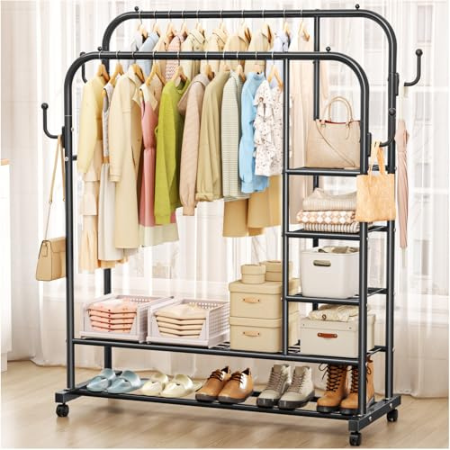 SavvyStor Clothes Rail with Wheels,150KG Metal Heavy Duty Clothes Rack With Double Hanging Clothing Rail, Shoe Rack, 4 Coat Hooks, Open Wardrobe Clothes Rails for Bedroom Shop Dorm, Black