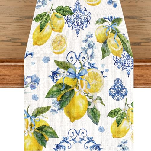 Afritee Zitrone Mediterrane Tischläufer, Sommer Frühling Tischband Tischdeko Deko, Zitrone Tisch Läufer Party Esstisch Deko 180 X 35cm