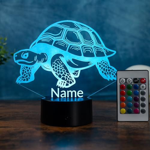 SpadinsLaserDreams Schildkröte LED Lampe personalisiert – Nachtlicht mit Name, Tier Deko Kinderzimmer, Geschenkidee für Kinder, dimmbar mit Fernbedienung, Farbwechsel, USB oder Batterie