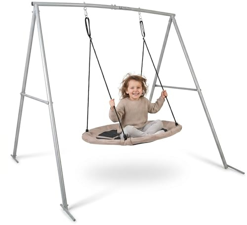 HyperMotion Balançoire Nid d'Oiseau avec Structure en Métal Acier, Siège Beige, Cadre Gris, 196 × 180 × 185 cm, Charge Maximale 150 kg, à partir de 3 Ans