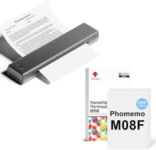 Phomemo M08F A4 Grau Tragbarer Drucker mit 200 Blatt A4 Thermopapier, Kabelloser Bluetooth Mobildrucker für Reisen, Auto, Büro & Zuhause