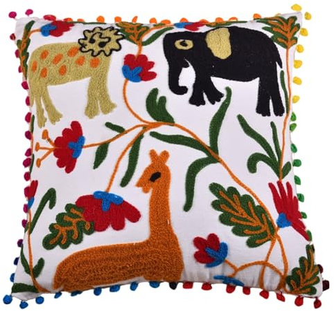 Trade Star Exports Kids Animal Cushion Cover Work Embroidery Pom Pom Cushions Decorative Bohemian Pillow Case Kids Room Decor Lace Cushions