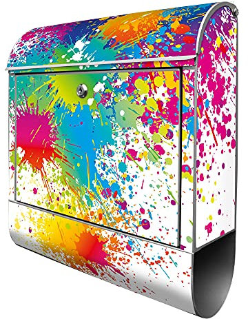 banjado® Design Briefkasten mit Farbspritzer 38,5x46,5x13cm & 2 Schlüssel - Briefkasten Stahl Silber mit Zeitungsfach pulverbeschichtet - Postkasten A4 Einwurf inkl. Montagematerial