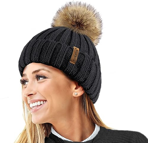 TOSKATOK®Womens Warm Winter Hat Woolly Knitted Beanie with Detachable Chunky Faux Fur Bobble Pom Pom-Black