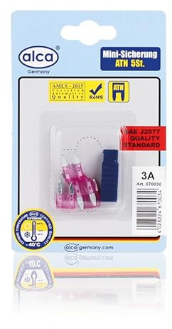 alca® Mini-Sicherungen 3A 5Stk. Set im Blister, 32V, violett | Mini-Flachsicherung im 5er-Bundle für Auto, Wohnwagen, Camper, Motorrad & Moped