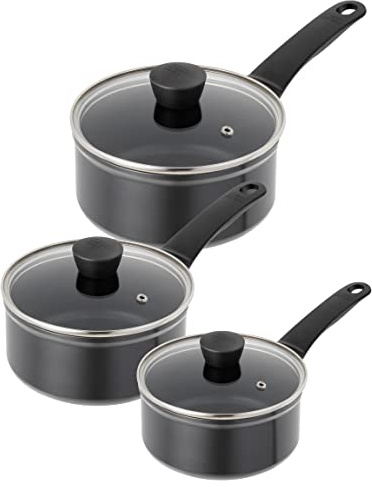 Kuhn Rikon 3-Piece Saucepans Set, PFOA-Free Non-Stick Pans with Glass Lids | 1.5L/16cm, 2L/18cm & 3L/20cm Pots, Forged Aluminium, Stay-Cool Handles, Induction, Oven & Dishwasher Safe - Easy Induction