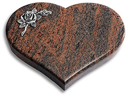 Grabplatte, Grabstein, Grabherz, Urnengrabstein Modell Coeur 40 x 30 x 7 cm Twilight Red-Granit, poliert inkl. Gravur (Aluminium-Ornament Rose 1)