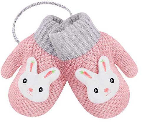 RUIXIA Kids Winter Knitted Gloves Cute Cartoon Bear Hang Neck Mittens Newborn Baby Warm Mitten Thicken Cashmere with Rope Mitten Thermal Full Finger Wrist Glove Boy Girl 0-3Y Gift (Pink-Bunny)