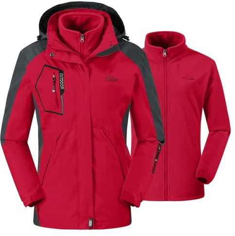donhobo Damen Outdoor 3-in-1 Skijacke mit Fleecejacke wasserdichte Regenjacke Winddicht Warm Winterjacke Doppeljacke Funktionsjacke mit Abnehmbare Kapuze