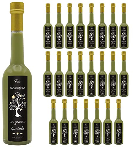 24 bottiglie personalizzate di Liquore perfetto per bomboniere per matrimonio, anniversario, battesimo e comunione (Crema di Pistacchio, Albero della vita)