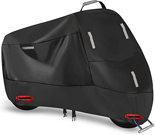 Motorbike Cover Waterproof Outdoor Indoor, 300D Oxford Motorcycle Scooter Moped Rain Dust Cover with 5 Reflective Strips and 2 Lock Holes, 2 Fixed Buckles and 1 Storage Bag (XXL: 96 x 37 x 49 inch)