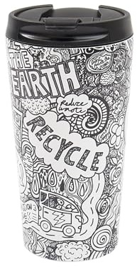 ECO CHIC Reusable Thermal Coffee Cup Stainless Steel Leakproof Insulated 330ml Travel Mug (Save the Planet B&W)
