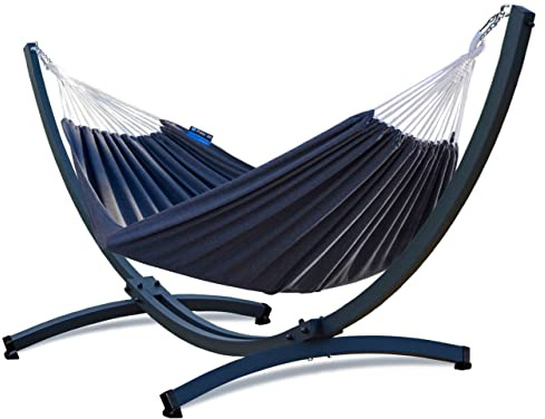 Potenza Outdoor Hängematte mit Verzinkter Tytan Gestell für 2 Personen I Baumwolle Doppelhängematte XXL 220x160, 200kg I Hängemattengestell 350 kg, wetterfest (Grau, Basic Gestell Graphit)