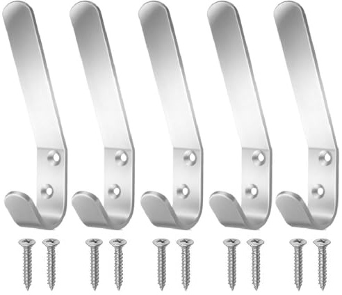 Aluminum Double Hat and Coat Hanger Hooks with Fixing Screws, 5 Pack