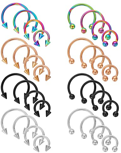 Yolev Piercing Jewelry 32Pcs 16G Horseshoe Rings Set, Surgical Steel Nose Septum Hoop Earring Eyebrow Lip Piercing for Women Men