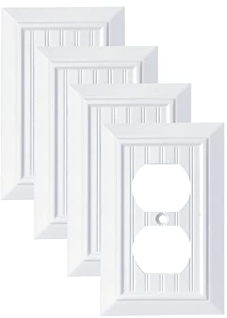 Pure White Classic Beadboard Wall Plates,Light Switch Covers,Electrical Outlet Covers, Switch Plates of Various Combination, Nature Bamboo Fiber Wall plate (1 Gang Duplex 4 Pack)