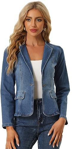 Allegra K Chaqueta Vaquera con Solapa para Mujer Chaqueta de Mezclilla de Trabajo con un Botón de Manga Larga Azul L
