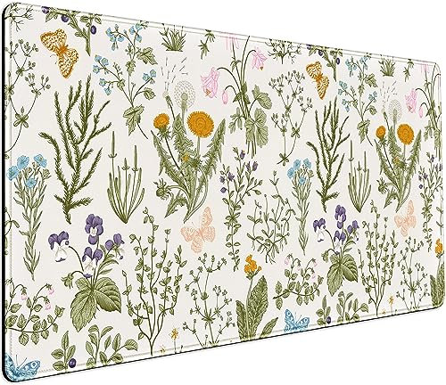 Söta blommor skrivbordsmatta pressad torkad blommig musmatta neutral beige salvia grön XXL stor utökad spelmusmatta skrivbordsmatta 80 x 40 cm, laptop tangentbord och musmatta för kvinnor kontor