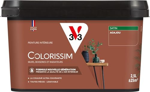 V33 Peinture multi-supports Colorissim® Acajou satin 2,5L | Peinture Murs Boiseries Radiateurs, Ultra-couvrant, Toutes pièces, Lessivale, Qualité de l'air intérieur, Couleurs intenses