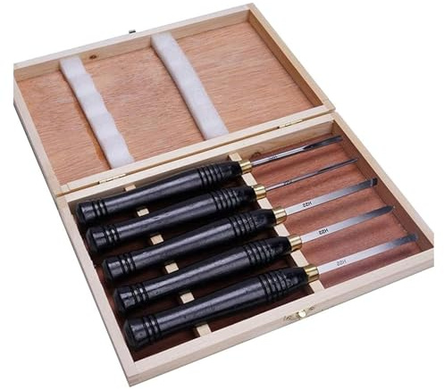 Wood Chisel Tool Set 5 Piece Wood Turning Tools Set HSS Woodworking Lathe Chisel Set Sharp Steel Gouge Skew Parting Spear in Wooden Storage Premium