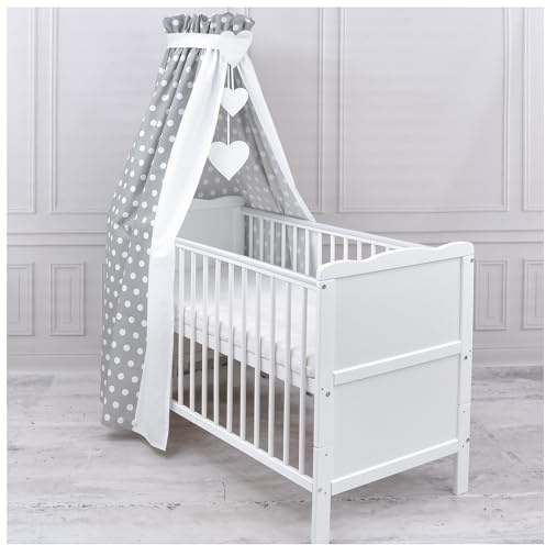 Generisch Baby Delux Babybett Himmel Betthimmel Baumwolle Baldachin für Babybett Kinderbett Wiege Stubenwagen Himmelstange Applikationen Herz Deko (Grey Dots, mit Himmelstange)