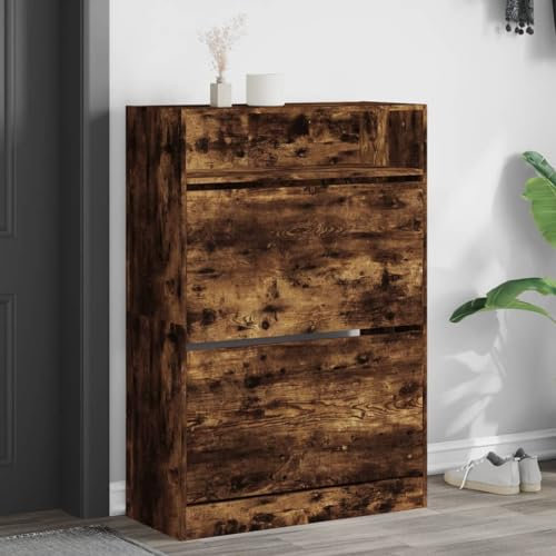 CINDERFUL Schuhschrank mit 2 Klappen Räuchereiche 80x34x116 cm,Schicke Schuhbox mit Klappen zur Aufbewahrung von Schuhen in kleinen Wohnungen