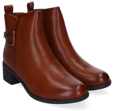 86615 Botines de Tacon para Mujer, Comodos y Elegantes con Detalle de Hebilla, Punta Redonda y Cierre de Cremallera Lateral, Ideales para Otono-Invierno. Camel Talla 36