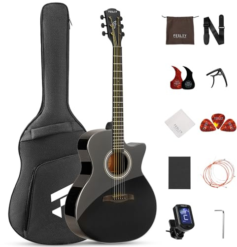 Fesley X Cutaway Akustikgitarren-Set, 104 cm, Stahlsaiten, Grand Auditorium Gitarre, Acustica Gitarre mit Gigbag, Gurt, Saiten, Plektren, Kapodaster, Schwarz