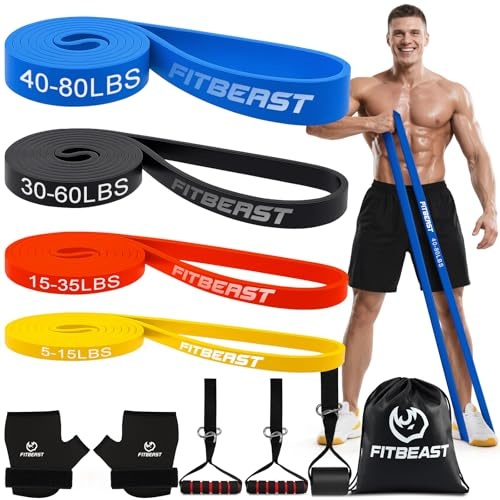 FitBeast Widerstandsbänder Set, Trainingsbänder/Fitnessbänder mit Griffen & Türanker für Krafttraining, Klimmzughilfe & Heimtraining (Gelb, Rot, Schwarz, Blau)