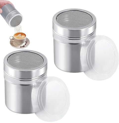 2 PCS Spargi Zucchero a Velo, Farina Setaccio per Caffè al Cioccolato, Agitatore per Zucchero in Polvere con Coperchio, Spargi Cacao In Acciaio Inossidabile, Agitatori per Sale e Pepe, Dispenser Cacao