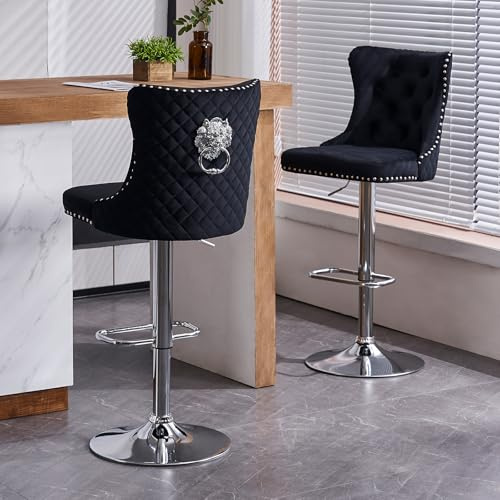 KHISCHMO Moderne Samt Barhocker 2er Set, Höhenverstellbar, 360° drehbar, Tresenhocker mit Lehne, Löwenkopf-Design, Barstuhl für Küche und Theke, Schwarz/Silber