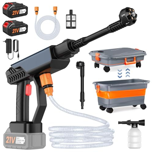 Akku Hochdruckreiniger 21V, 30Bar Tragbarer Hochdruckreiniger mit 22L Faltbarer Wassertank, 2 x 3.0Ah Akkus, 6-in-1 Düse, 5M Schlauch, Mobiler Hochdruckreiniger für Auto, Fahrrad, Garten