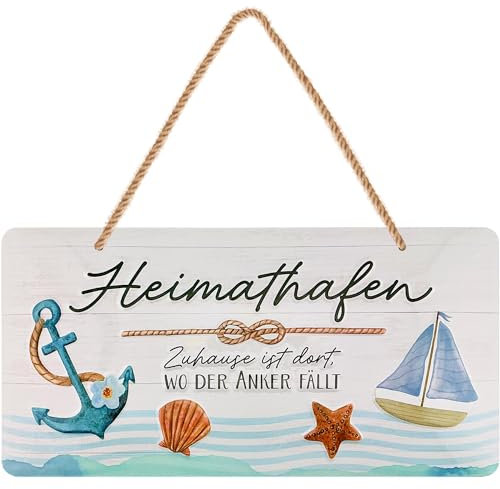 LANOLU Blechschild retro Heimathafen, maritime Anker Deko für Garten und Küche, Einweihungsgeschenk Wohnung für Freunde und Familie Schild, Einzug Geschenk inkl. Jutekordel 16x32cm