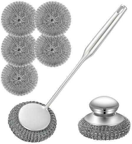 Schrubber Set aus robustem Edelstahl – langer & kurzer Griff mit 5 Stahlwoll-Pads, Gusseisen & Topfschrubber für Geschirr, Pfannen, Grills, Herde