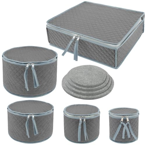 KTCINA 5Pcs DinnerPlate Storage Box Oxford Cloth Quilted Dish Container Dinnerware Organizer Portable China Storage Container for Plates Cups Glassware Transport Moving (5Pcs Dark Grey)