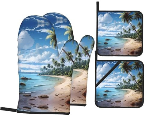 Mitaines De Four Impression De Plage De Sable Antidérapant Kitchen Gloves Professionnel Maniques Cuisine pour Cuisson Femmes Barbecue,4 Pièces