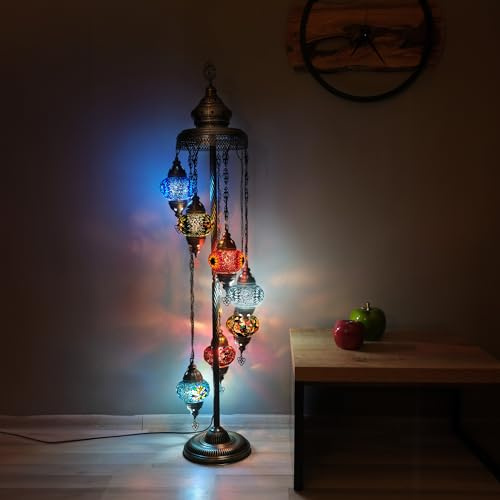 Asylove Turkish Floor Lamp, Mosaic Turkish Lamp, 7 GlobeFloor Lighting Standing Decorative Home Modern Designs Offer Handmade Glass 5 inch Globe - Total Dimensions 18 x 18 x 60 inch (ColorMix)