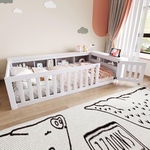 TOBIDOEN Kinderbett Bodenbett 90 x 200 cm mit Stauraum, reichlich Staufächern, Rundum-Sicherheitsschutz mit Sicherheitsgitter und Türchen, Massivholzbett mit Lattenrost, A-Weiß