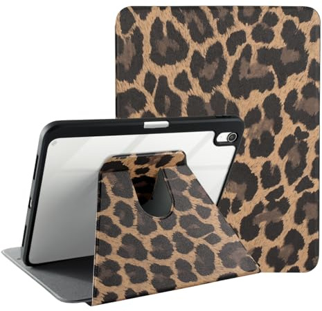 Fycyko Rotierender Hülle für iPad 11. Generation 2025(A16)/10. Generation 2022,10.9 Zoll Hülle mit 360 Grad Drehständer & Stifthalter, Leopardenmuster Schutzhülle für iPad 11./10.-Braun