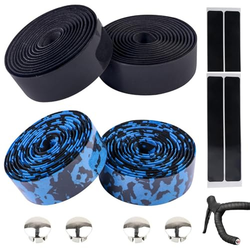 Megcdtr Bike Handlebar Tapes, 4 Rolls Road Bike Bar Tape, Non-Slip Shock-Absorbent Bicycle Bar Tape with Handlebar Plugs, Suitable for Road Bikes and City Bikes(Black Blue)