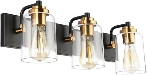 LYOUAE Spiegelleuchte Spiegellampe 3-flammige Vintage-Industrie-Waschtischleuchten, Moderne Bad-Wandleuchten, schwarz-golden mit klarem Glasschirm for Spiegel, Küche, Flur