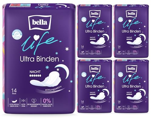 Bella Life Ultra Damenbinden Nacht | Dermatest: Sensible Haut | Atmungsaktive Binden für Damen im 5er Pack (5 x 14 Stück, 70 Stück) | mit Flügel