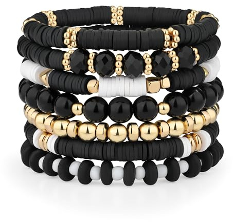 Sahoottie 7 Stück Stapelbares Freundschaftsarmbänder Set für Damen Muttertagsgeschenke für Mama Schwarze Bohemian Stil Surferarmband Damen Polymer Clay Perlen Armbänder Sommer Strand Schmuck Set