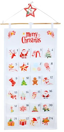 Calendario de Adviento para rellenar, 100 x 50cm Calendario de Adviento de Tela, 24 Calendario de Christmas Countdown para Colgar, Reutilizable Navidad Decoracion DIY