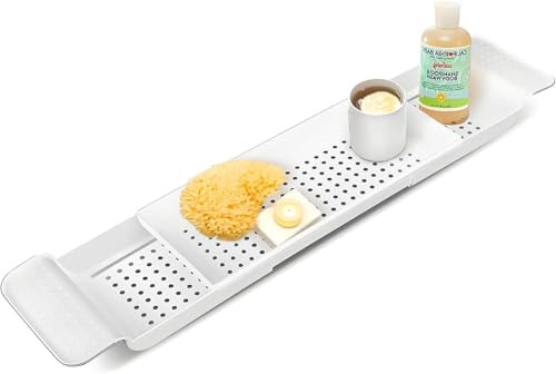 Einziehbares Badewannenbrett 55-78,5cm aus Kunststoff - Modernes Badezimmer-Tablett Weiß/Schwarz für Seifen Handtücher & Zubehör 17cm Breite 6,5cm Höhe (Weiß)