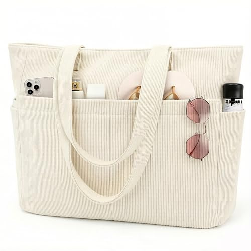beifon Cord Strandtasche xxl Familie 25L mit Reißverschluss, Groß Tote Bag Damen, Shopper Tasche Badetasche, Laptoptasche mit 17 Zoll Laptopfach, Reisetasche Handtasche Umhängetasche Arbeitstasche