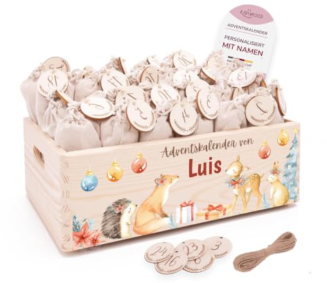 Personalisierter Adventskalender 2026 zum Befüllen mit Holzzahlen | Tolle Weihnachtsdeko aus Holz, Weihnachtskalender mit Tüten für Geschenke Mädchen & Jungen (40 x 30 x 14 cm)