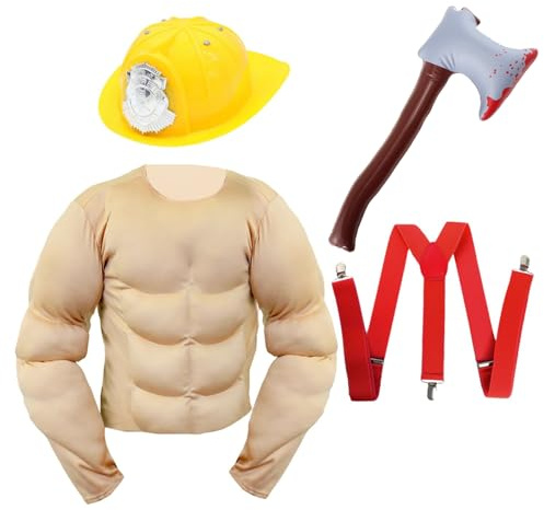 Disfraz de bombero con calendario para adultos, estándar, camisa de pecho musculoso beige, casco de bombero amarillo, soporte rojo, hacha inflable, divertido disfraz de despedida de soltero para