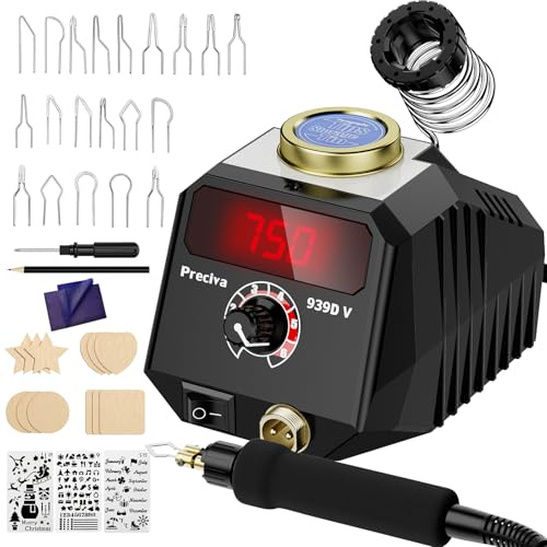 Preciva 939D-VI Brandmalstift, Handwerksset zum Holzschnitzen mit einstellbarer Temperatur, Holzschnitzstift mit Softgriff, 20 Brandmalspitzen, 12 Holzblöcke – für Brandmalerei auf Holz und Leder